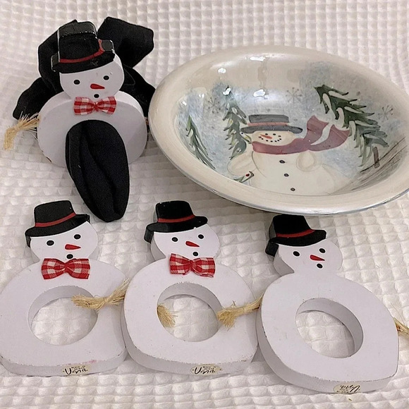 Vintage Vera Neumann Snowman Napkin Holders & Snowman Bowl - Picture 9 of 9